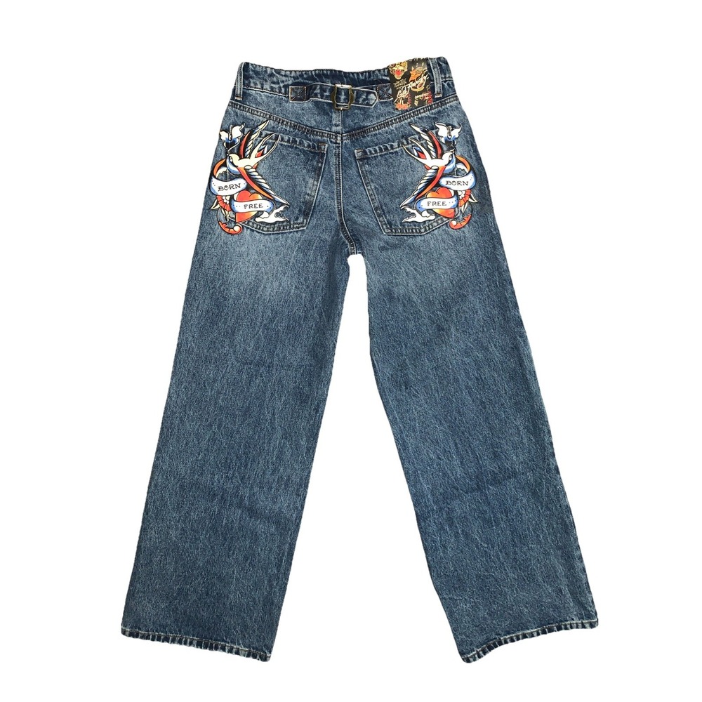 Ed Hardy Y2K Wide Leg Baggy Denim Jeans 26 Born Free Loose Paint streetwear NEW